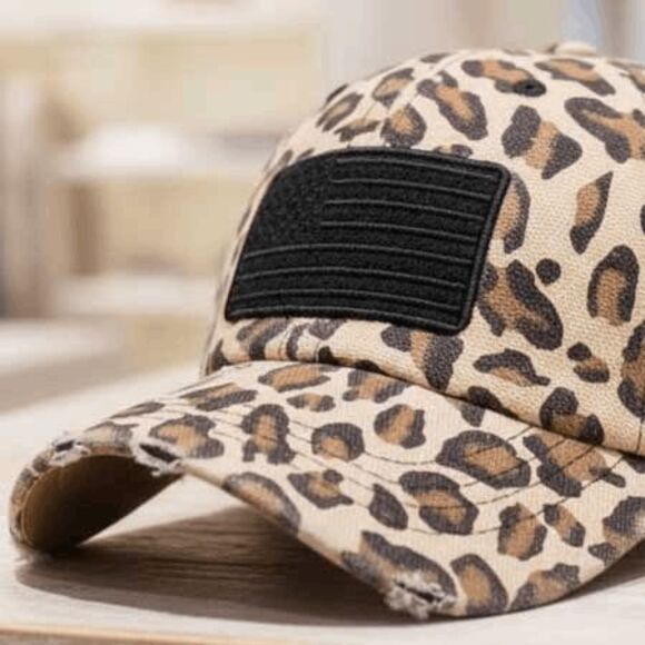 2/$30 Ladies Leopard Distressed American Flag Hat - Animal Print Baseball Cap - Picture 4 of 10